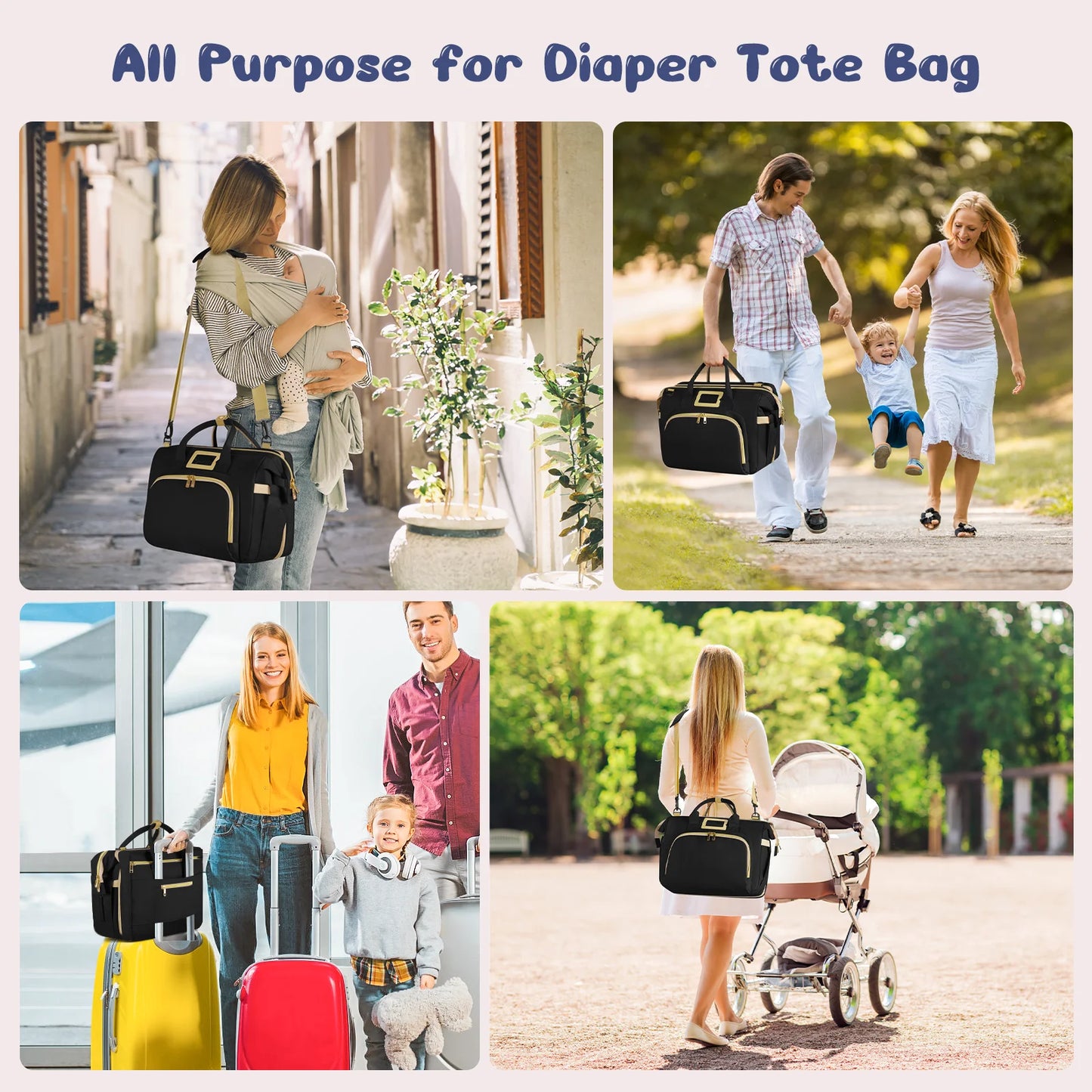 Diaper Bag Tote, Multifunctional Baby Changing Bag with Insulated Milk Bottle Pockets, Large Capacity Travel Backpack W/ USB Charging Port & Stroller Straps, Portable Newborn Baby Bags(Black)