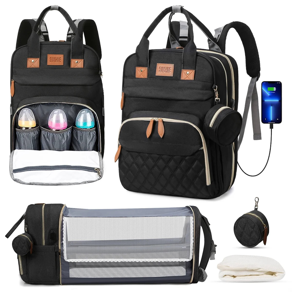 Diaper Bag Backpack, Portable Baby Bag with Changing Station, Large Capacity Baby Diaper Bags W/ Stroller Straps & Insulated Pockets, Multipurpose Waterproof Travel Backpack with USB Charging Port