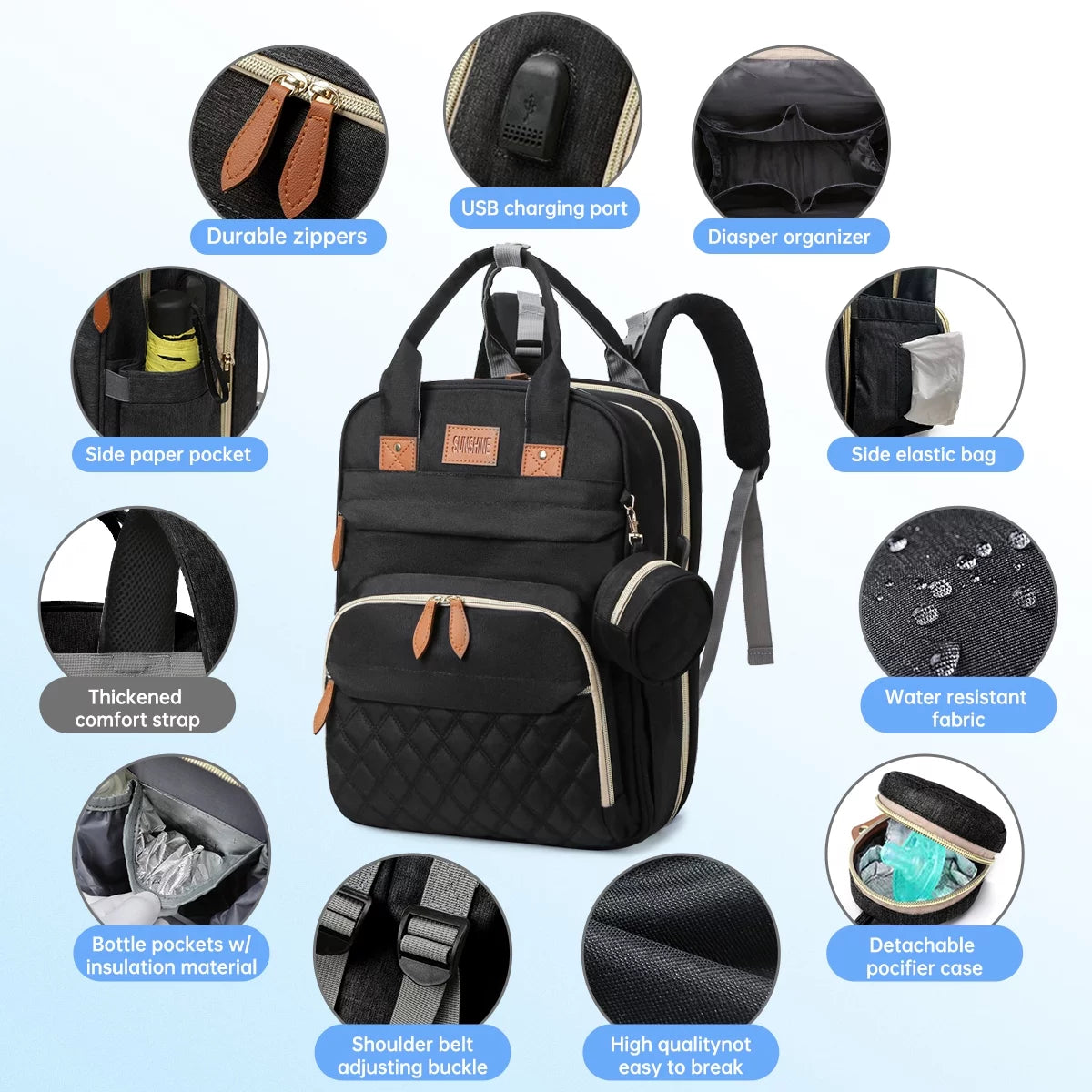 Diaper Bag Backpack, Portable Baby Bag with Changing Station, Large Capacity Baby Diaper Bags W/ Stroller Straps & Insulated Pockets, Multipurpose Waterproof Travel Backpack with USB Charging Port