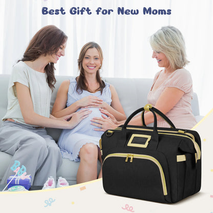 Diaper Bag Tote, Multifunctional Baby Changing Bag with Insulated Milk Bottle Pockets, Large Capacity Travel Backpack W/ USB Charging Port & Stroller Straps, Portable Newborn Baby Bags(Black)