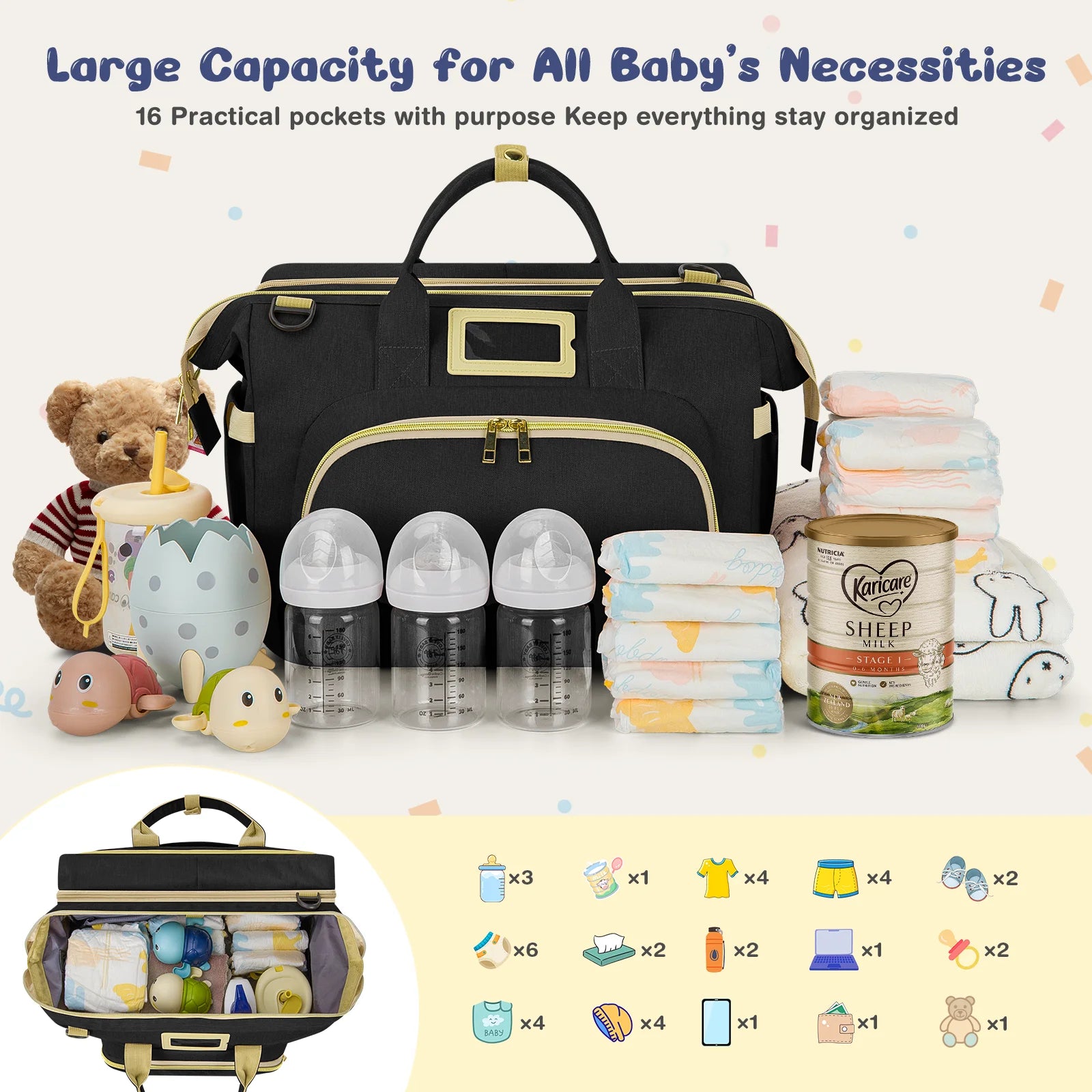 Diaper Bag Tote, Multifunctional Baby Changing Bag with Insulated Milk Bottle Pockets, Large Capacity Travel Backpack W/ USB Charging Port & Stroller Straps, Portable Newborn Baby Bags(Black)