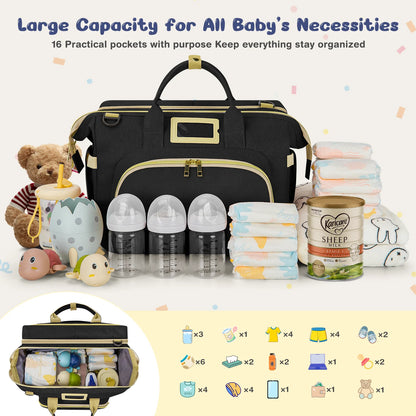 Diaper Bag Tote, Multifunctional Baby Changing Bag with Insulated Milk Bottle Pockets, Large Capacity Travel Backpack W/ USB Charging Port & Stroller Straps, Portable Newborn Baby Bags(Black)