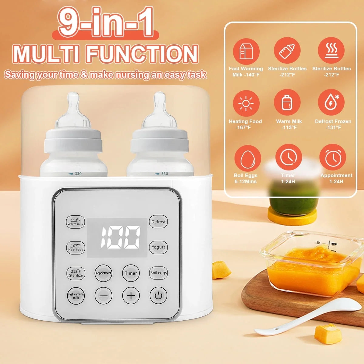 9-in-1 Double Bottle Baby Milk Warmer with LCD Display & 24H Temperature Control