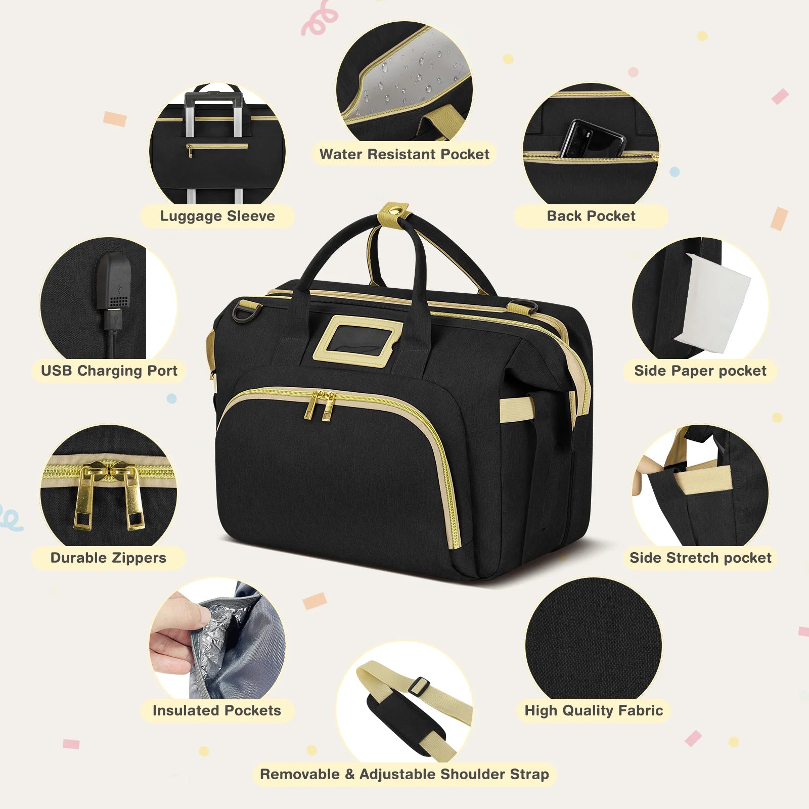 Diaper Bag Tote, Multifunctional Baby Changing Bag with Insulated Milk Bottle Pockets, Large Capacity Travel Backpack W/ USB Charging Port & Stroller Straps, Portable Newborn Baby Bags(Black)