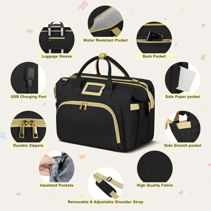 Diaper Bag Tote, Multifunctional Baby Changing Bag with Insulated Milk Bottle Pockets, Large Capacity Travel Backpack W/ USB Charging Port & Stroller Straps, Portable Newborn Baby Bags(Black)