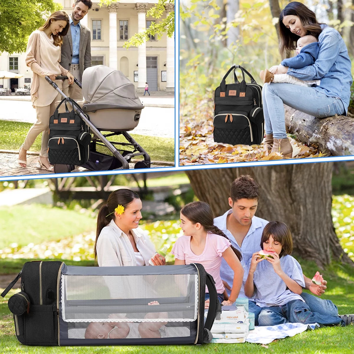 Diaper Bag Backpack, Portable Baby Bag with Changing Station, Large Capacity Baby Diaper Bags W/ Stroller Straps & Insulated Pockets, Multipurpose Waterproof Travel Backpack with USB Charging Port