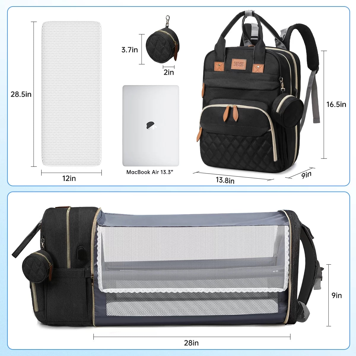 Diaper Bag Backpack, Portable Baby Bag with Changing Station, Large Capacity Baby Diaper Bags W/ Stroller Straps & Insulated Pockets, Multipurpose Waterproof Travel Backpack with USB Charging Port