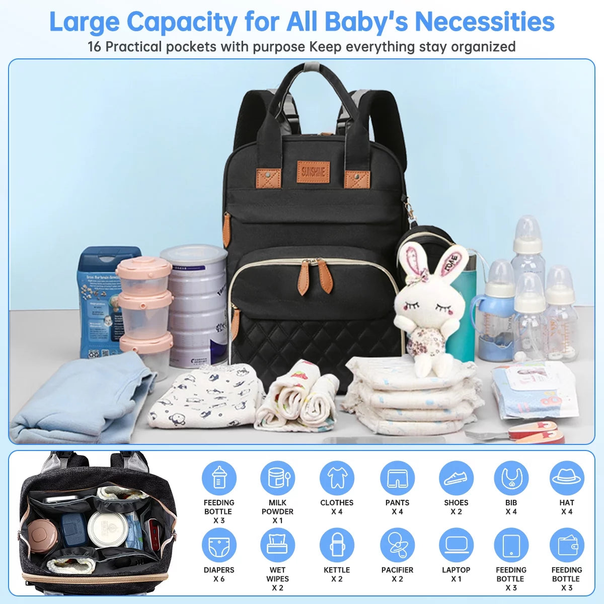 Diaper Bag Backpack, Portable Baby Bag with Changing Station, Large Capacity Baby Diaper Bags W/ Stroller Straps & Insulated Pockets, Multipurpose Waterproof Travel Backpack with USB Charging Port