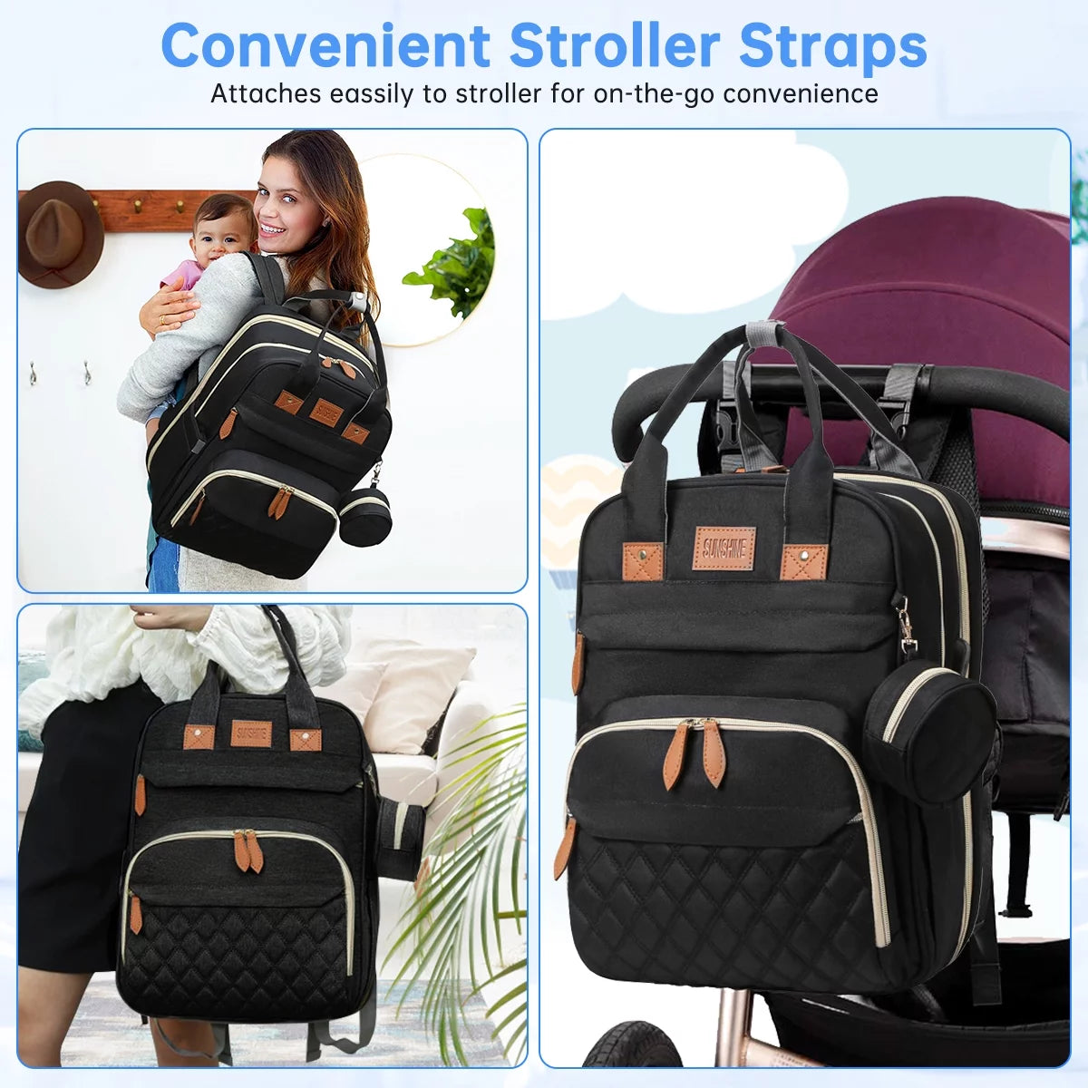 Diaper Bag Backpack, Portable Baby Bag with Changing Station, Large Capacity Baby Diaper Bags W/ Stroller Straps & Insulated Pockets, Multipurpose Waterproof Travel Backpack with USB Charging Port